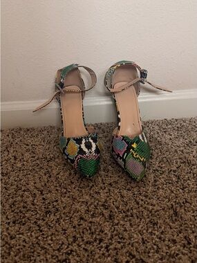 Women's Multicolor Snakeskin Pointed-Toe Ankle-Strap Heels